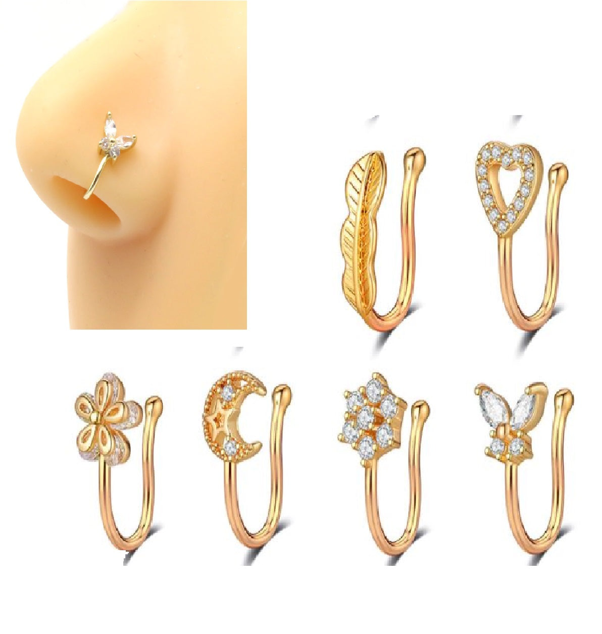 6pcs Non Piercing Nose Pin Set Adjustable Nostril Jewelry – Close Up – Nose Jewelry | Hanaya Pakistan