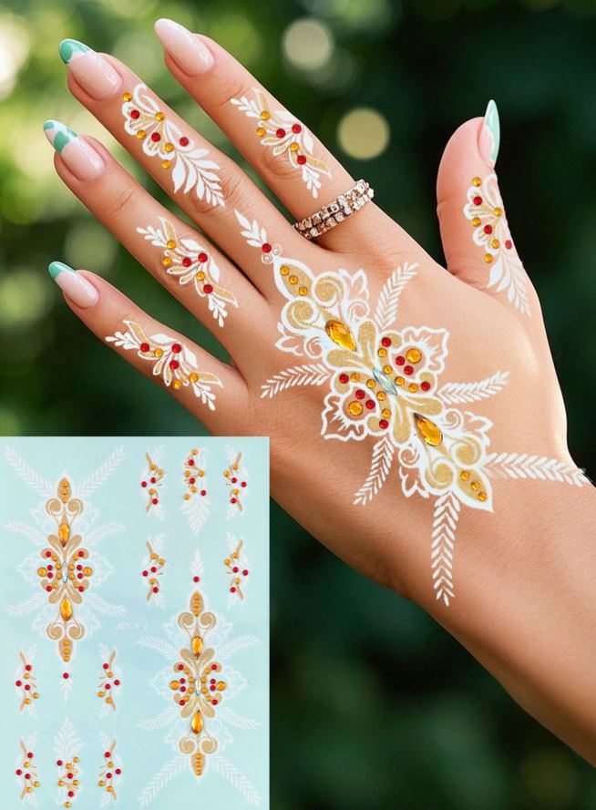 White with Crystals Lace Henna Mehndi Tattoo Sticker Design 2