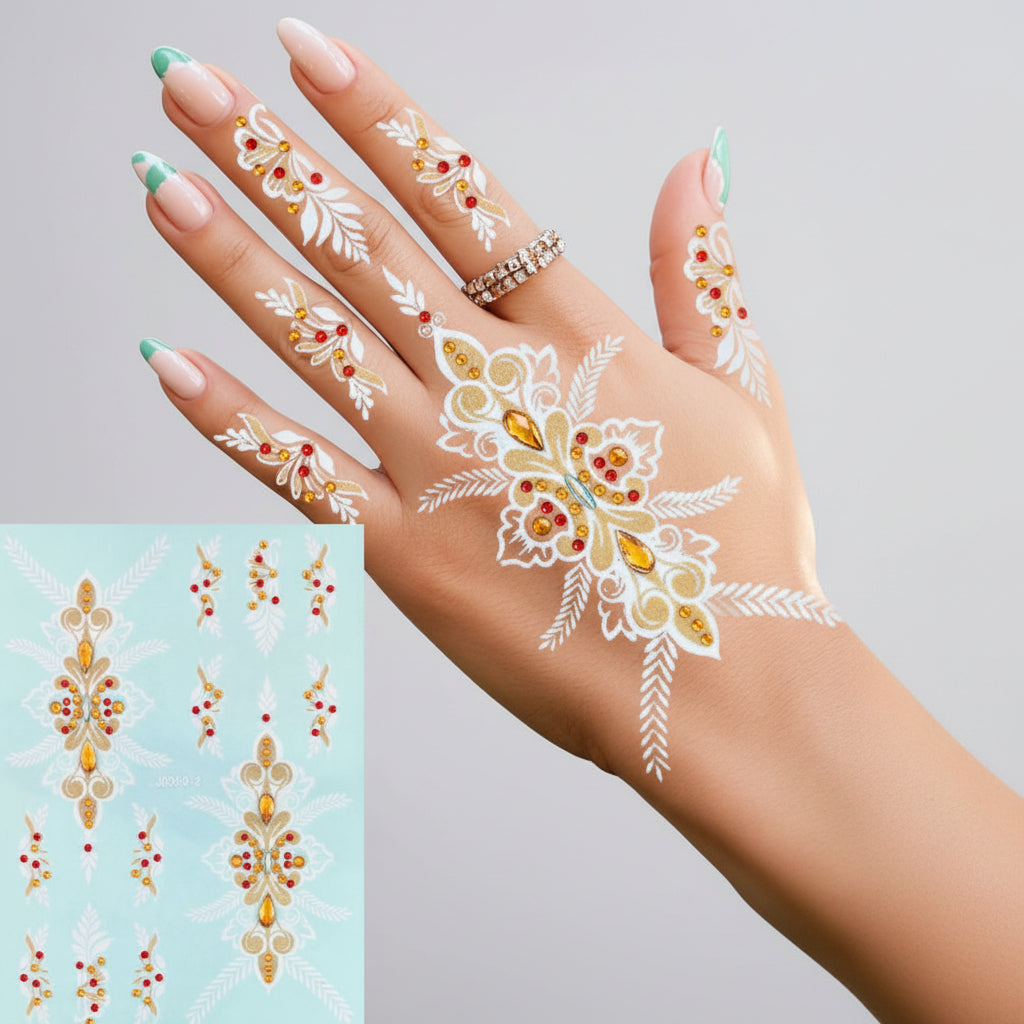 White With Crystals Lace Henna Mehndi Tattoo Stickers Water Transfer Printing Retro Waterproof hand tattoo leg tattoo neck...
