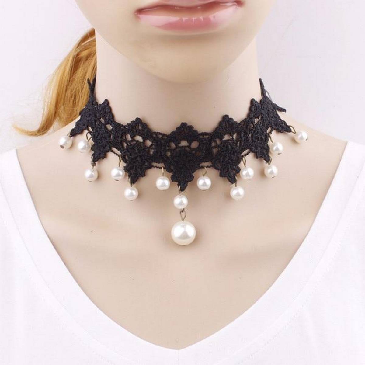 Elegant Vintage Imitation Pearl White Lace Statement Choker Necklaces – Accessories Online in Pakistan | Hanaya