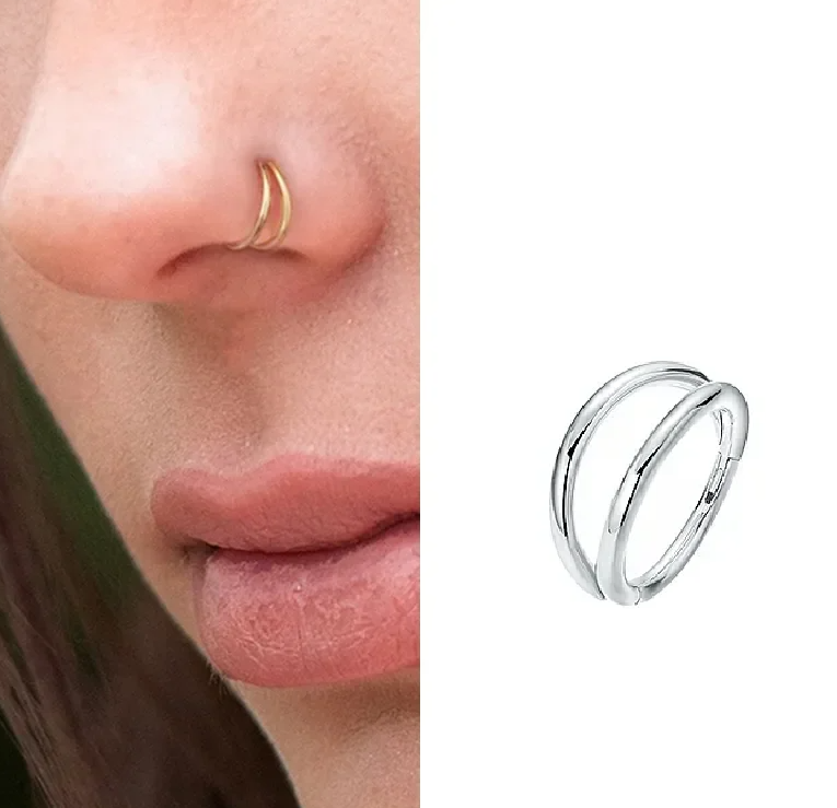 Piercing 1 Piece 8mm Seamless 2 Row Hinged Segment Double Ring Clicker Long Helix Nose Ring Body Jewelry – Close Up – Nose...