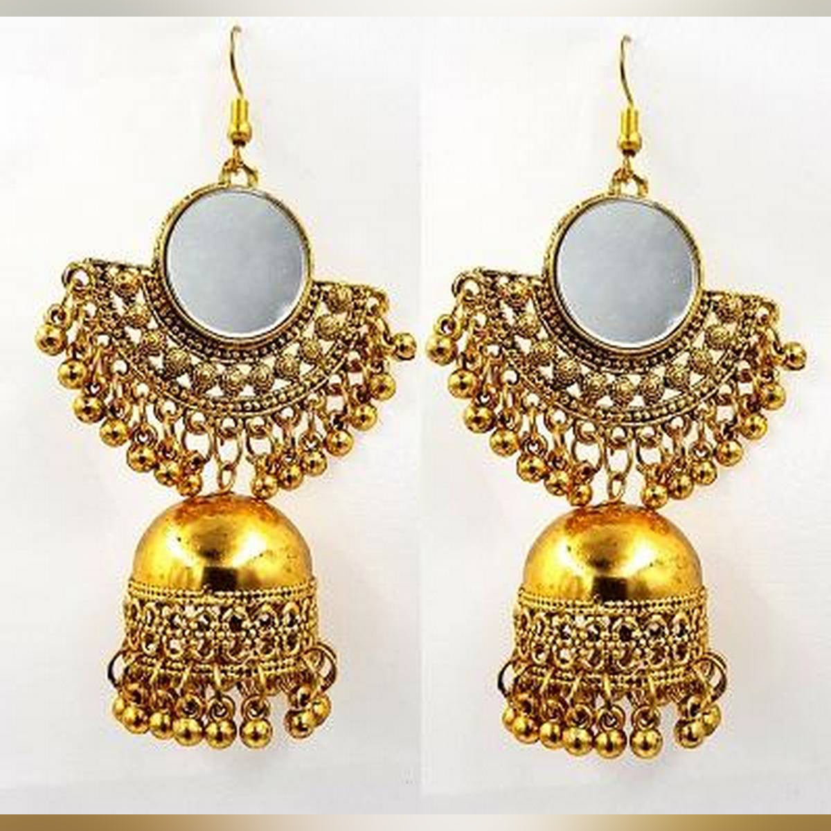 Trendy Golden Antique Mirror Tassel Fully Pearl Earring – Accessories Online in Pakistan | Hanaya