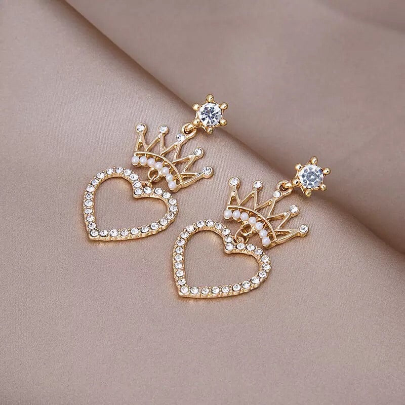 Classy Long Dangle Crown Heart Crystal Trendy Party Fashionable Earring – Earrings Online in Pakistan | Hanaya