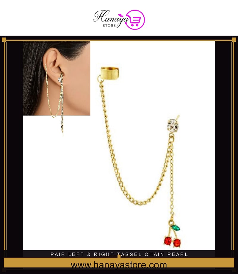 Pair Left & Right  Tassel Chain Pearl Long Cuff Drop Earrings