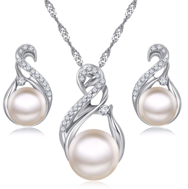 Trendy Classy Pearl Crystal Crystal Earring & Necklace Jewelry Set – Image 2 of 4
