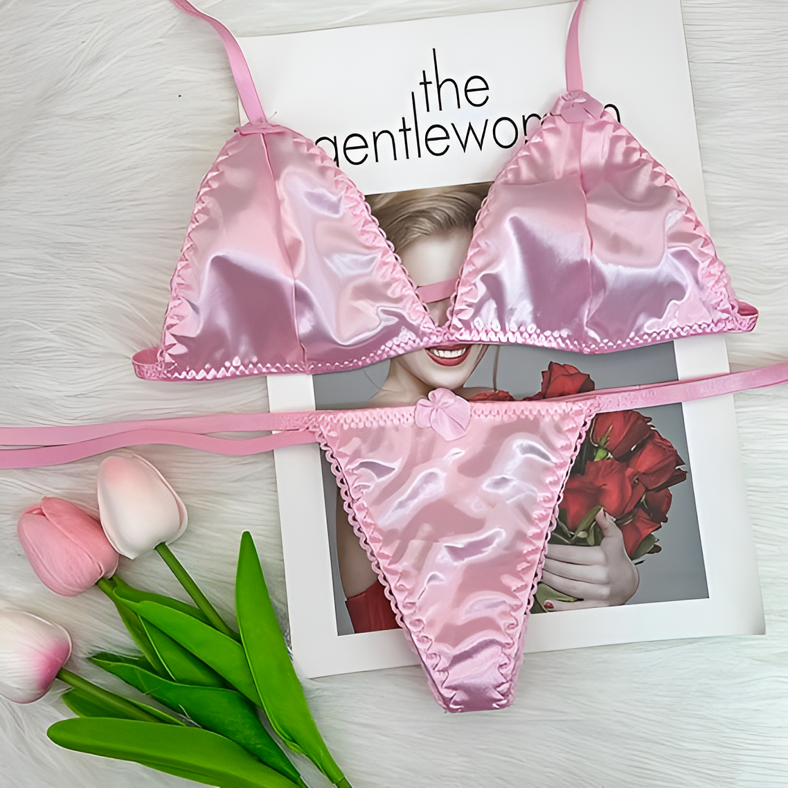 One Size (Fits:40-70 KGS) Sleepwear Silk Type Bra Set Lingerie Set Women Underwear Bikini Three-point Set (weight:40-70 KGS) – Image 2 of 2