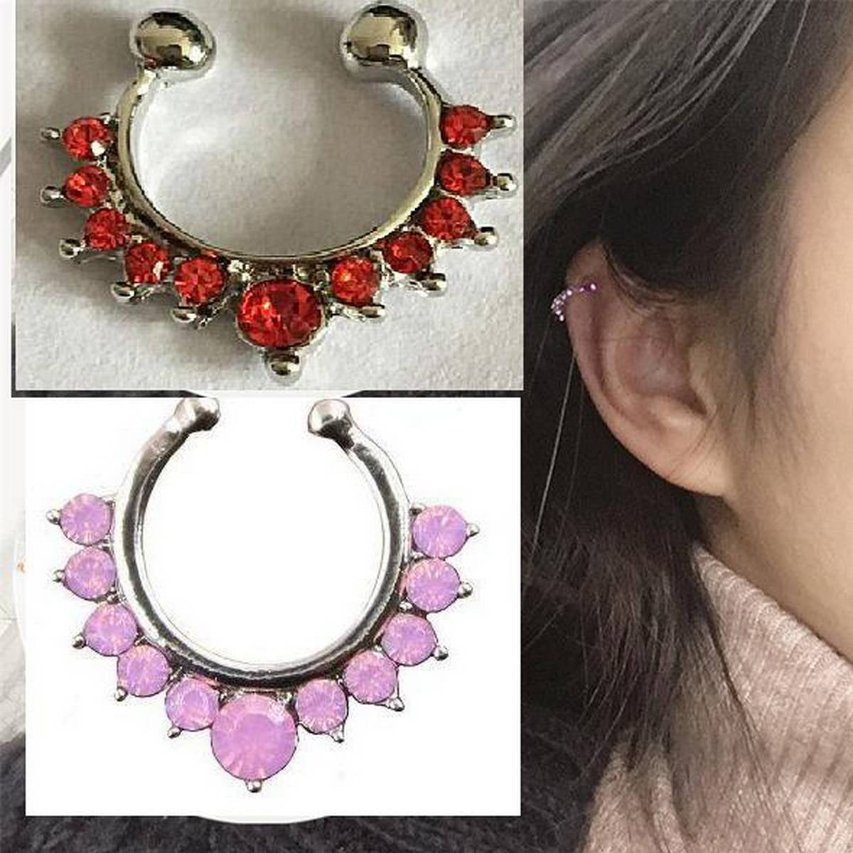 Trendy Pair Red and Pink 2 Pieces Crystals Ear Cuff Earrings Adjustable – Earrings Online in Pakistan | Hanaya