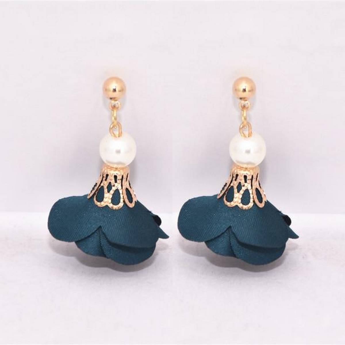 Trendy Fashion Metal Ball Earrings Simulated Pearl Cloth Art Flowers Drop Earrings – Image 2 of 4