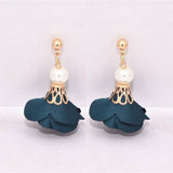 Trendy Fashion Metal Ball Earrings Simulated Pearl Cloth Art Flowers Drop Earrings – Image 2 of 4