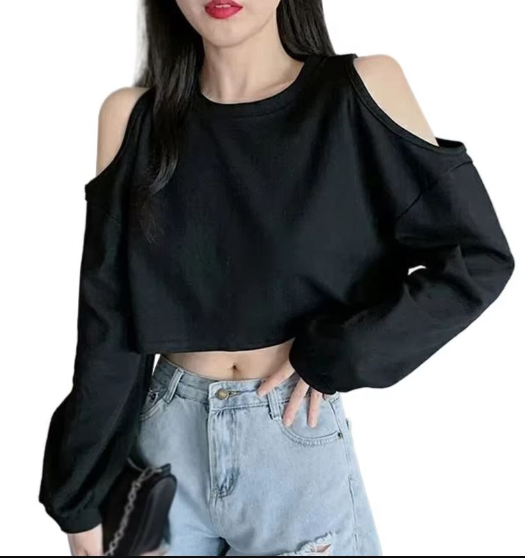 Women's Cold Shoulder O Neck Long Sleeve Crop Top – Casual Summer/Autumn Basic Tee – Accessories Online in Pakistan | Hanaya