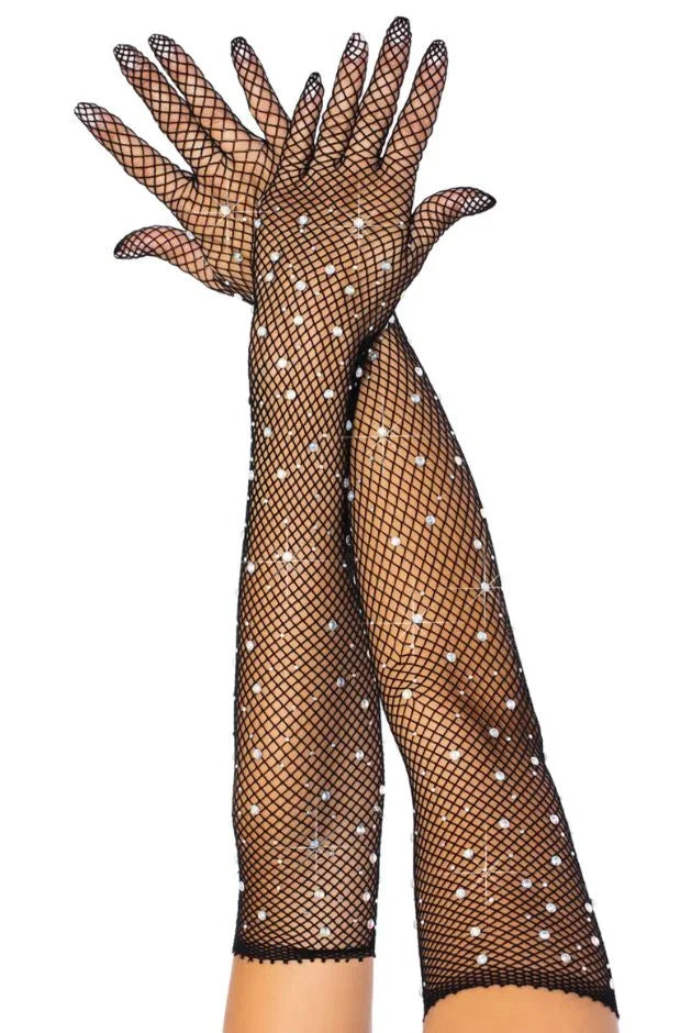 Fishnet Lace Hollow Elasticity Crystals Long Hand Lolita Gloves Sleeves Sleeve Fashionable Women Gloves Arm Cuff Party Wear – Image 2 of 2