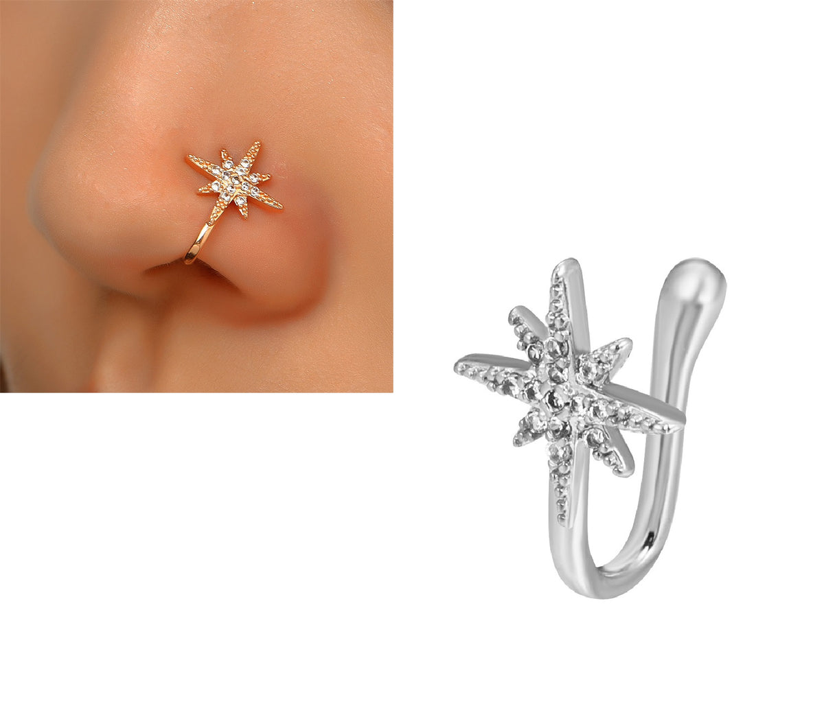 Non Piercing Fake Nose Stud Adjustable Clip On Nostril Jewelry for Everyday Wear – Close Up – Nose Jewelry | Hanaya Pakistan