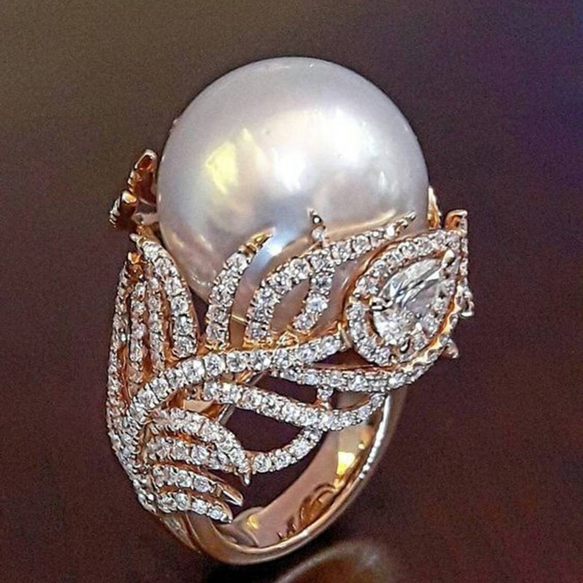 Trendy Big Pearl Crystal Stone Ring For Women – Close Up – Accessories | Hanaya Pakistan