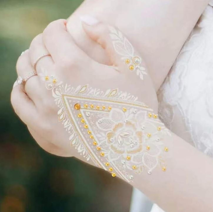 White with Crystals Lace Henna Mehndi Tattoo Sticker Design 3