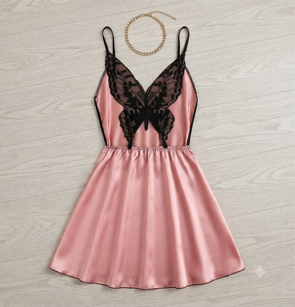Pink Satin Slip Night Dress Butterfly Back with Cowl Neckline Elegant Sleepwear for Women