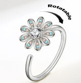 ROTATABLE Adjustable Silver Zircon Flower Ring for Women Anti Anxiety Rings– One Size Fashion Jewelry for Party, Wedding, Gift & Daily Wear