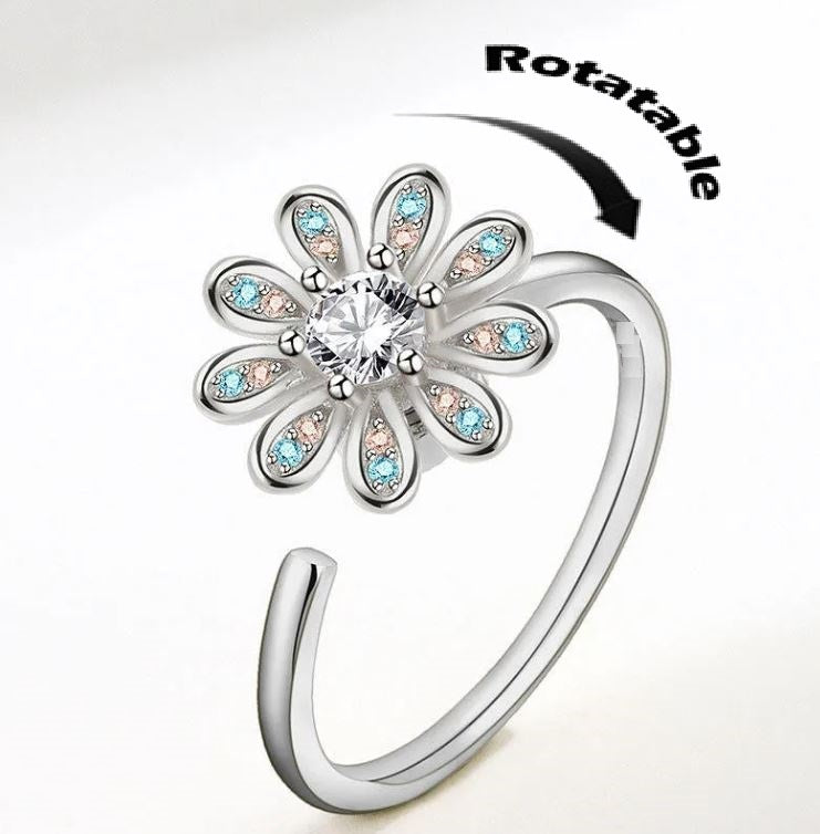ROTATABLE Adjustable Silver Zircon Flower Ring for Women Anti Anxiety Rings– One Size Fashion Jewelry for Party, Wedding, Gift & Daily Wear