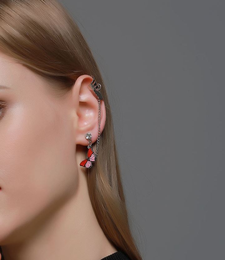 Pair Left & Right Tassel Chain Butterfly Cuff Drop Earrings