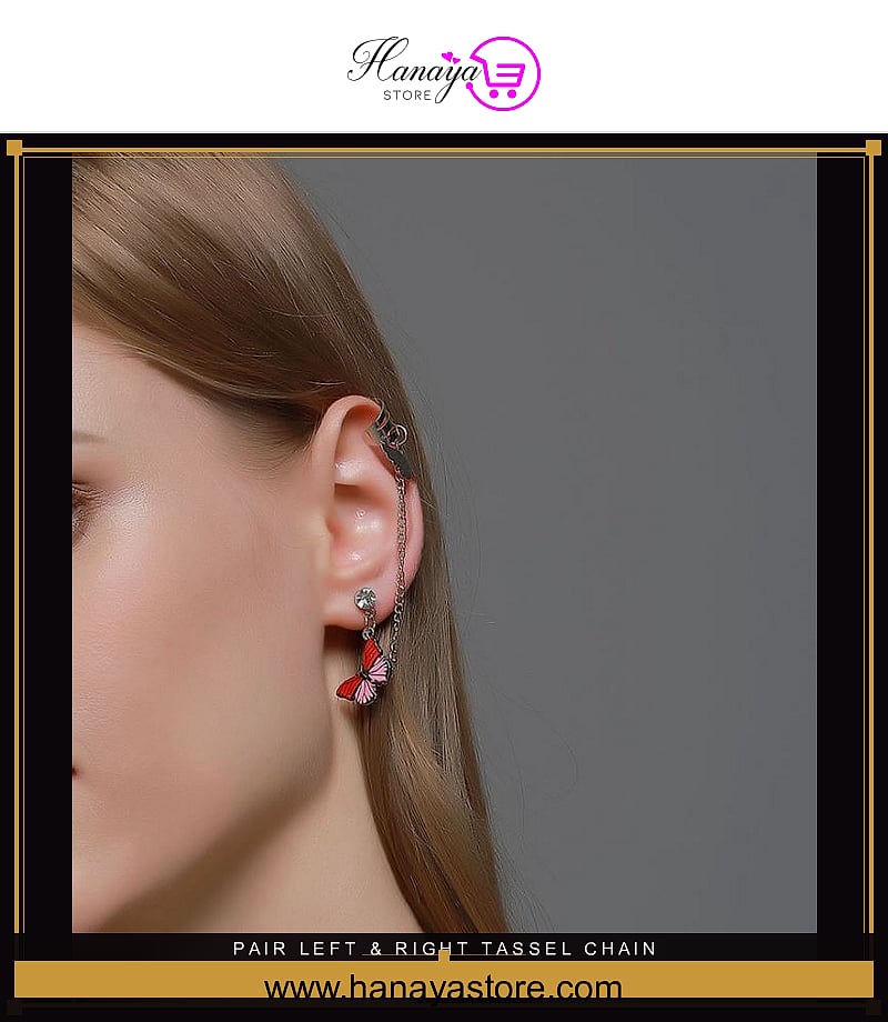 Pair Left & Right Tassel Chain Butterfly Cuff Drop Earrings