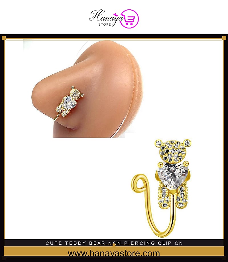 Cute Teddy Bear Non Piercing Clip On Nose Pin Love Shape Fake Nostril Jewelry – Nose Jewelry Online in Pakistan | Hanaya