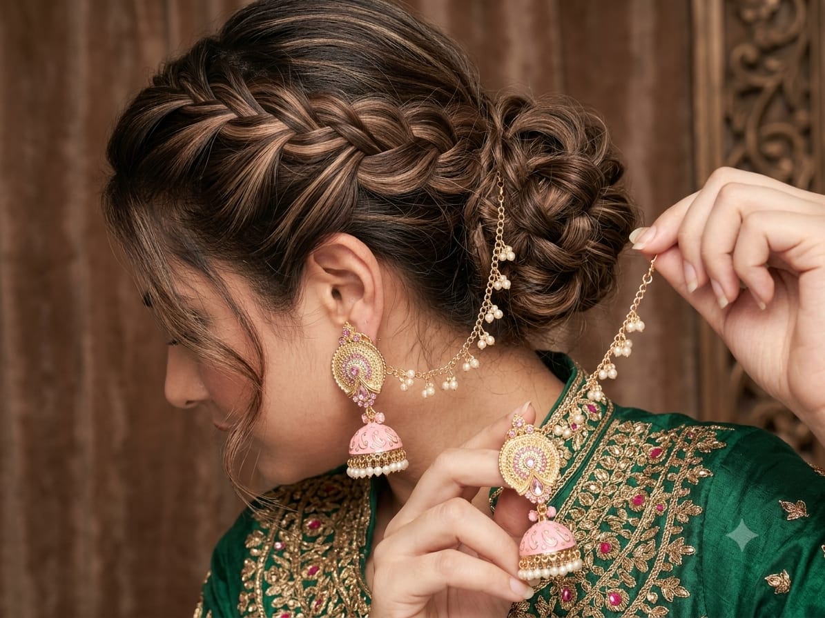 Sahara Jhumka Earrings for Women Bridal Wedding Jhumki Crystal Earring Party Wear Traditional Danglers with Chain