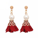 Trendy Fashion Metal Ball Earrings Simulated Pearl Cloth Art Flowers Drop Earrings – Image 4 of 4