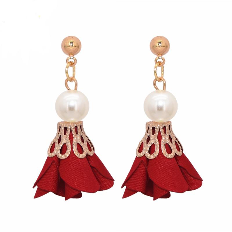 Trendy Fashion Metal Ball Earrings Simulated Pearl Cloth Art Flowers Drop Earrings – Image 4 of 4