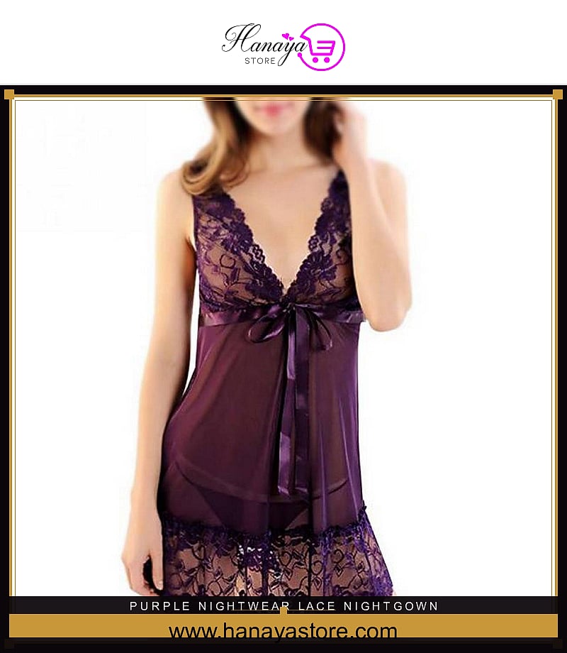 Purple Nightwear Lace Nightgown Sleepwear G-String Lingerie Robe – Accessories Online in Pakistan | Hanaya