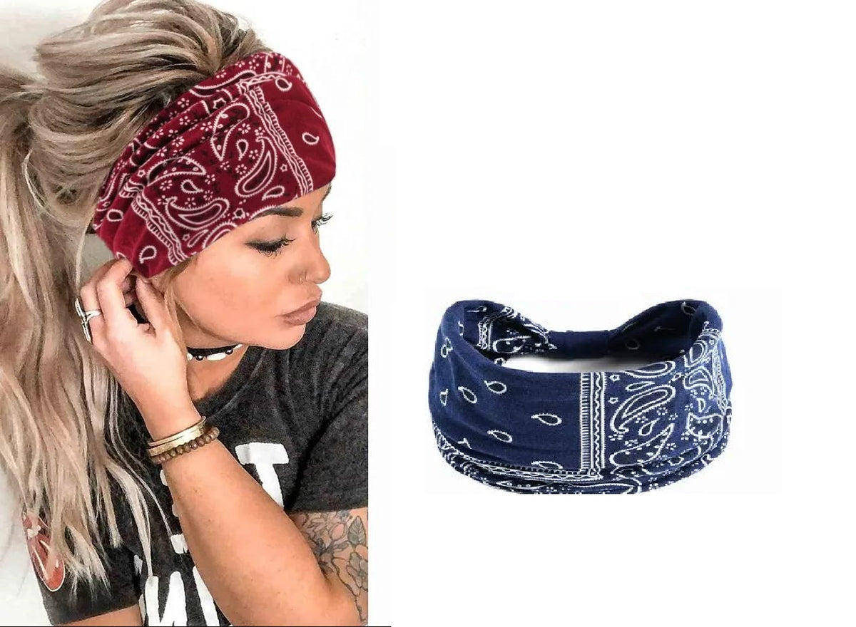 Trendy Fashionable Bohemian Yoga Headband for Women – Elastic Cotton Wide Sports Hairband, Non-Slip Cashew Flower Print Ba...