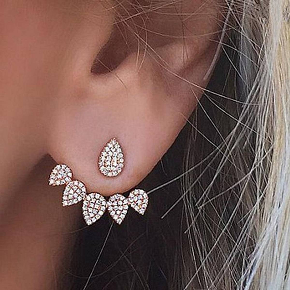 Korean Fully Zircon Crystal Front Back Double Sided Stud Earring Fashion Ear Cuff Piercing Earring Free Gift Box – Earring...