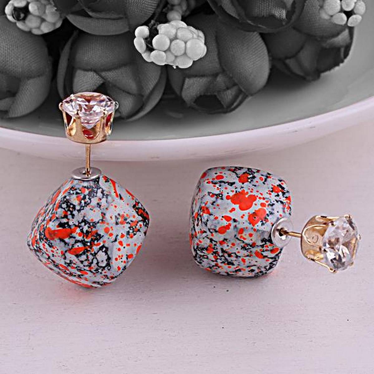 Rhinestone Double Sided Crystal Square Granite Stone Stud Earring Beads Ball Earrings – Accessories Online in Pakistan | H...