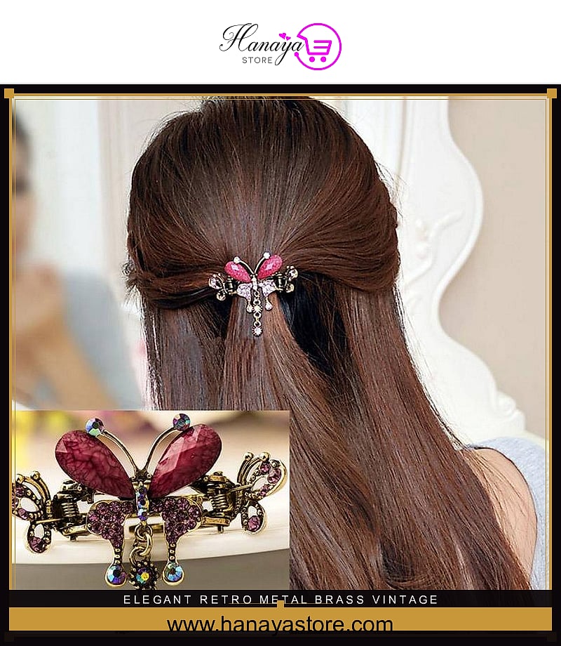 Elegant Retro Metal Brass Vintage Luxury Crystal Butterfly Bow Flower Hairpin – Accessories Online in Pakistan | Hanaya