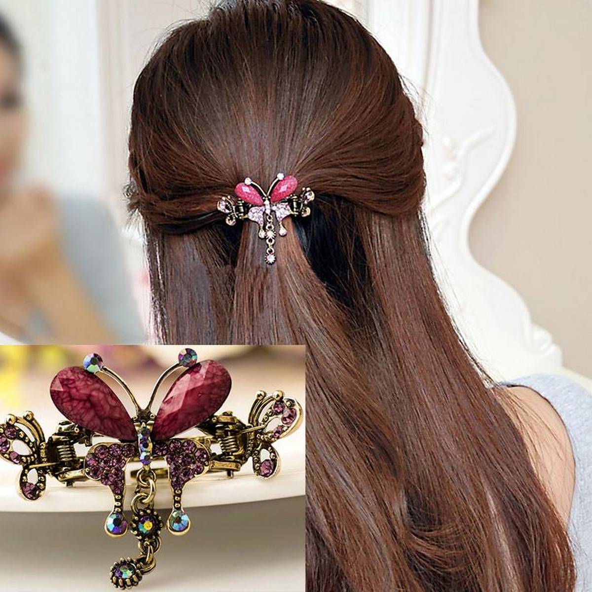 Elegant Retro Metal Brass Vintage Luxury Crystal Butterfly Bow Flower Hairpin – Accessories Online in Pakistan | Hanaya