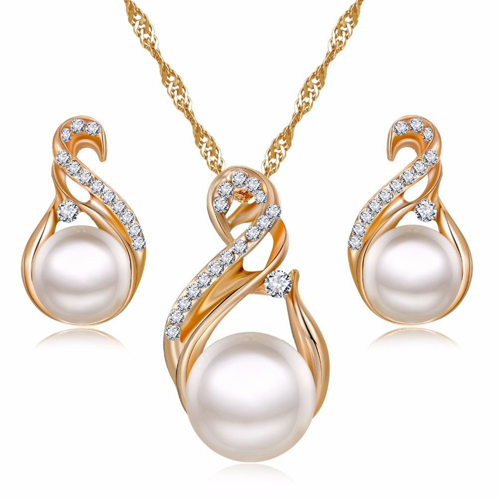 Trendy Classy Pearl Crystal Crystal Earring & Necklace Jewelry Set – Image 4 of 4