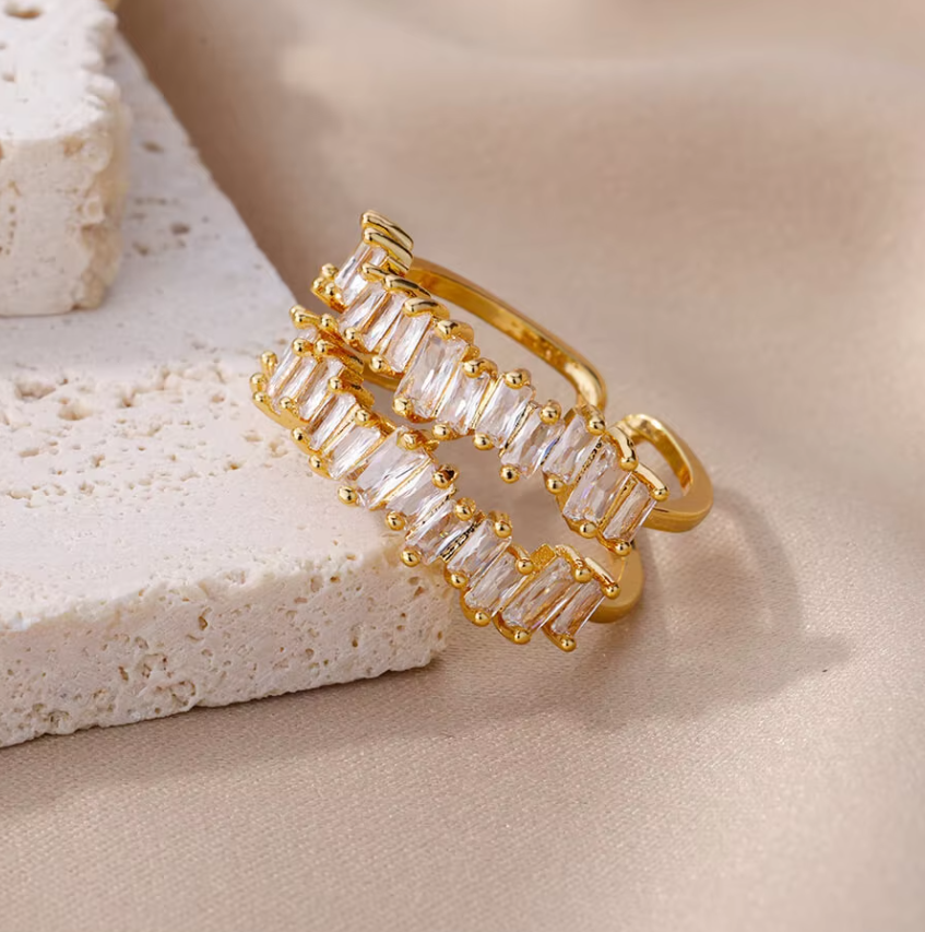 Luxury Adjustable Zircon Open Finger Ring for Women Shiny CZ Geometric Knuckle Jewelry Gift