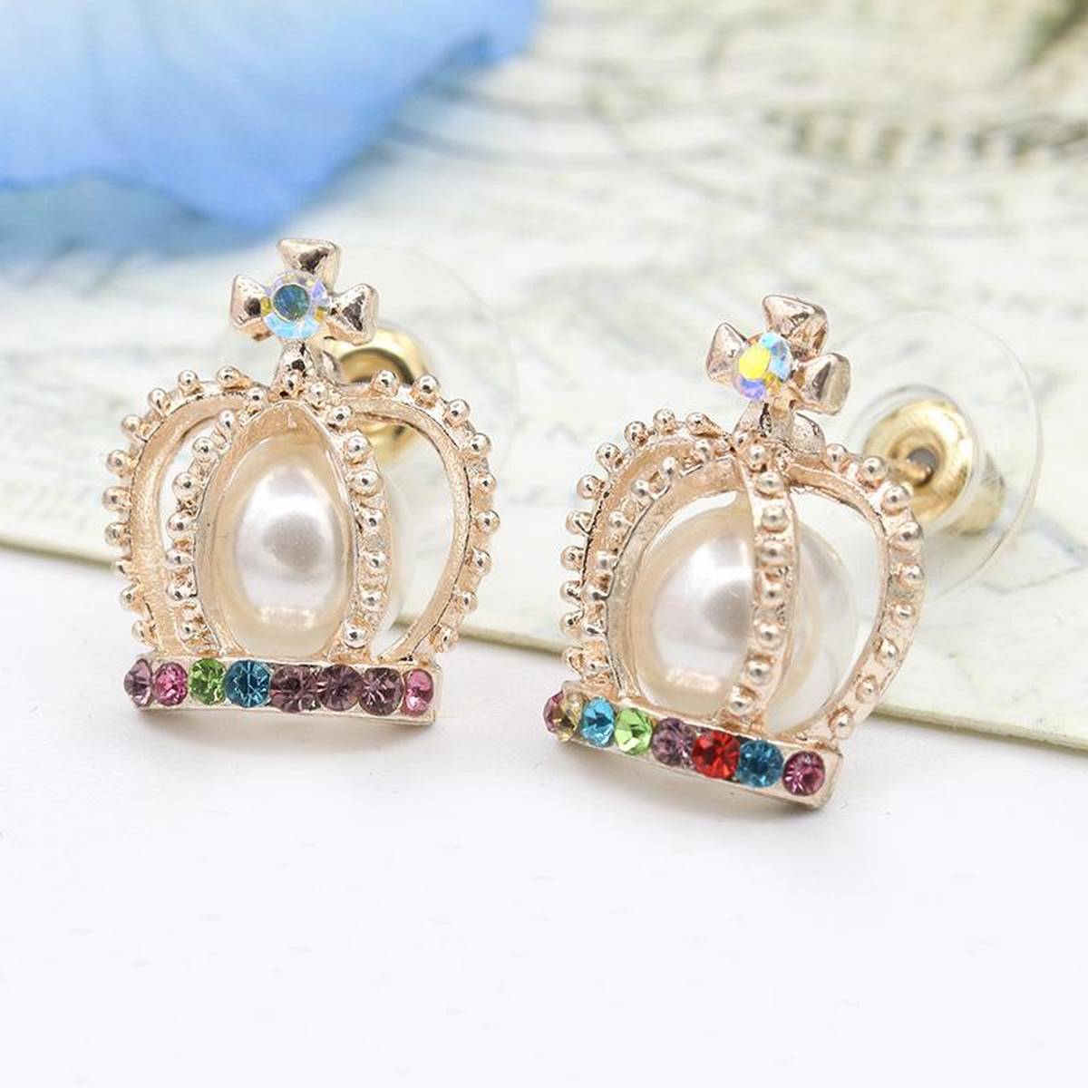 Small Colorful Crown Crystal Pearl Stud Earring – Earrings Online in Pakistan | Hanaya