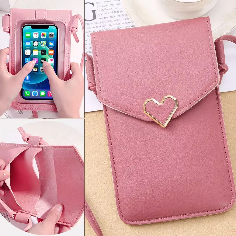 Women PU Leather Cell Phone Bag – Transparent Shoulder Handbag Clutch Wallet Purse with Card Holders – Crossbody Mobile Wa...