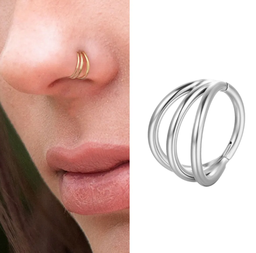 Piercing 1 Piece 8mm Seamless 3 Row Hinged Segment Double Ring Clicker Long Helix Nose Ring Body Jewelry – Close Up – Nose...