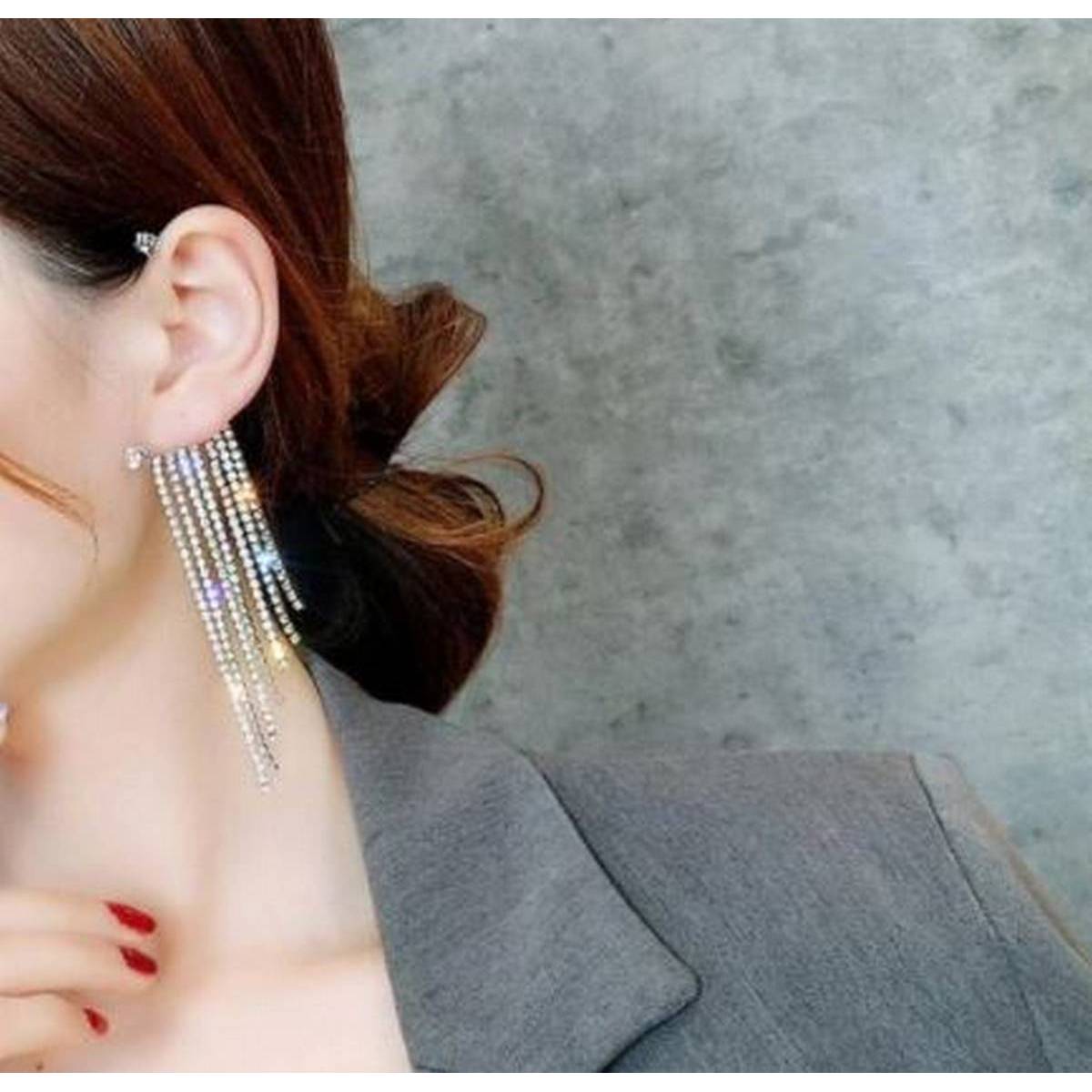 Pair  High Quality Korean Tassel Crystal Cuff & Elegant Stylish Earrings – Close Up – Earrings | Hanaya Pakistan