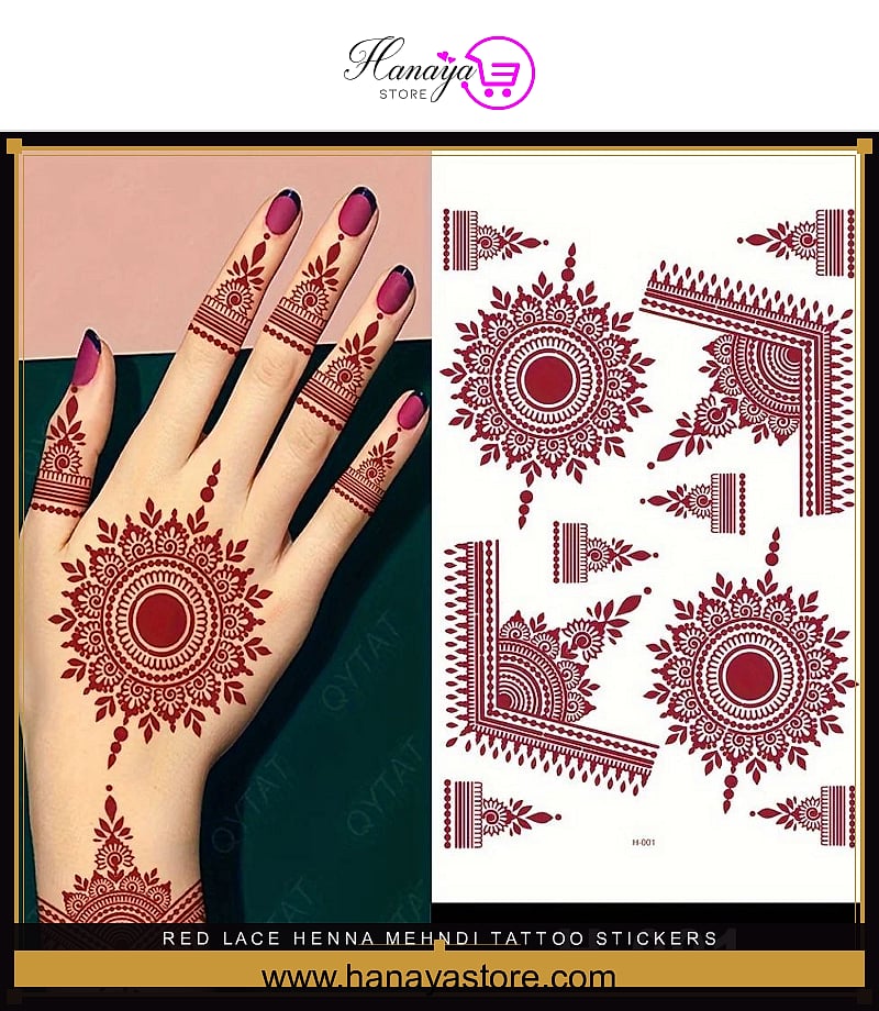 Red Lace Henna Mehndi Tattoo Stickers Maroon Waterproof Mehndi Designs Bridal Wedding Function Party Mehndi (PAIR)