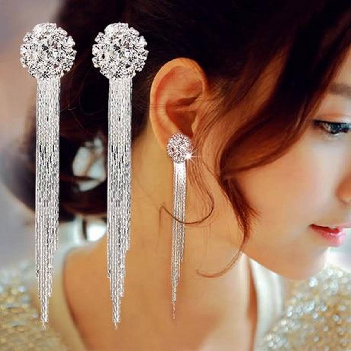 Crystal Shinny Tassel Earring Long Trendy Earring – Earrings Online in Pakistan | Hanaya