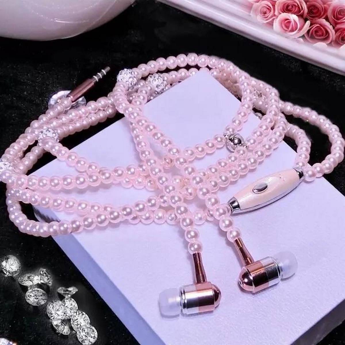 Pearl Earphone In Ear Pink Rhinestone Jewelry Beads Earphones With Mic – Headphones Online in Pakistan | Hanaya