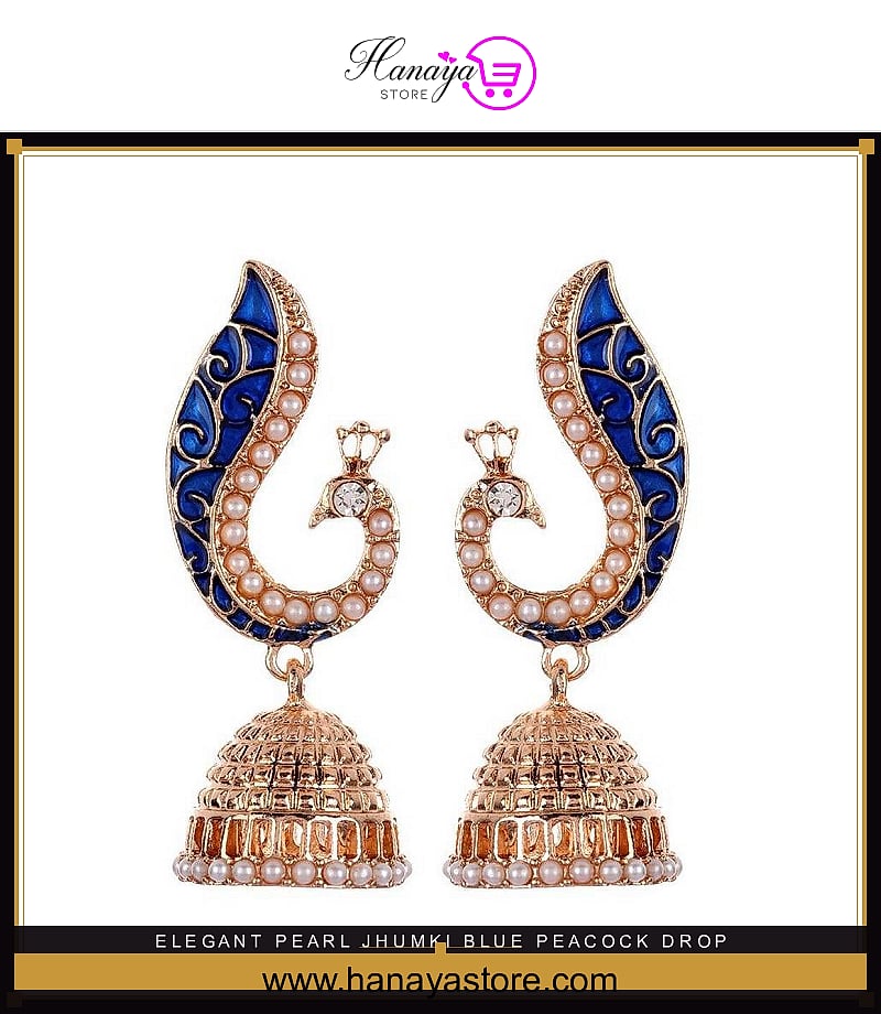 Elegant Pearl Jhumki Blue Peacock Drop Earrings -FREE Gift Box – Accessories Online in Pakistan | Hanaya