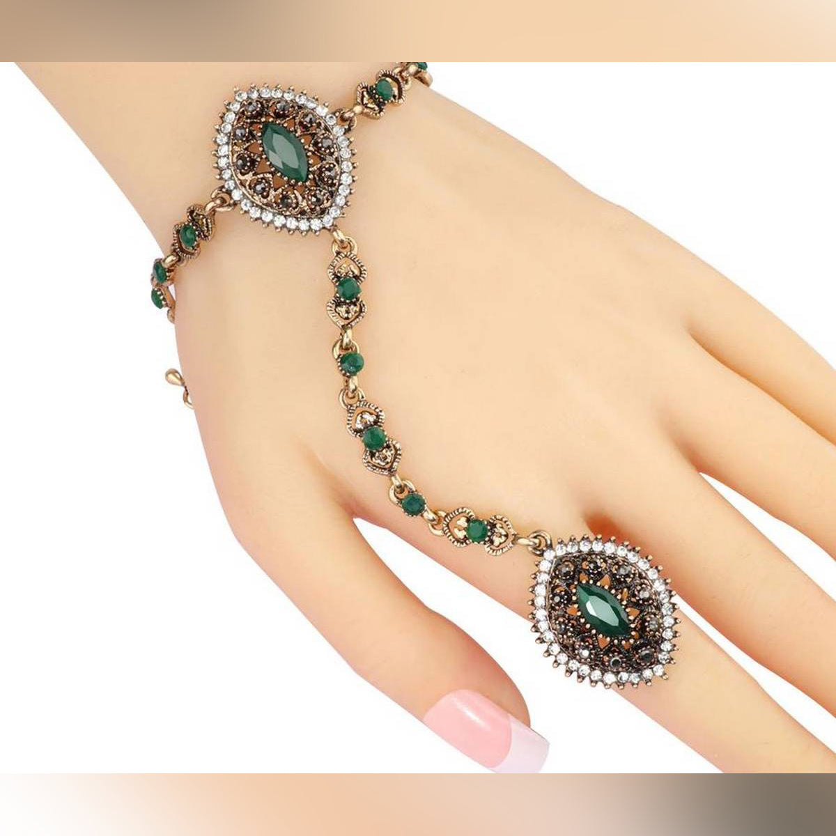 Trendy Royal Turkish Wedding Adjustable Bracelet Linked Classy Finger Ring