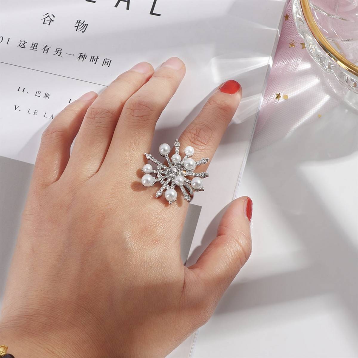 Fashion Trendy Jewelry Peal & Crystal Classy Adjustable Ring For Women – Accessories Online in Pakistan | Hanaya