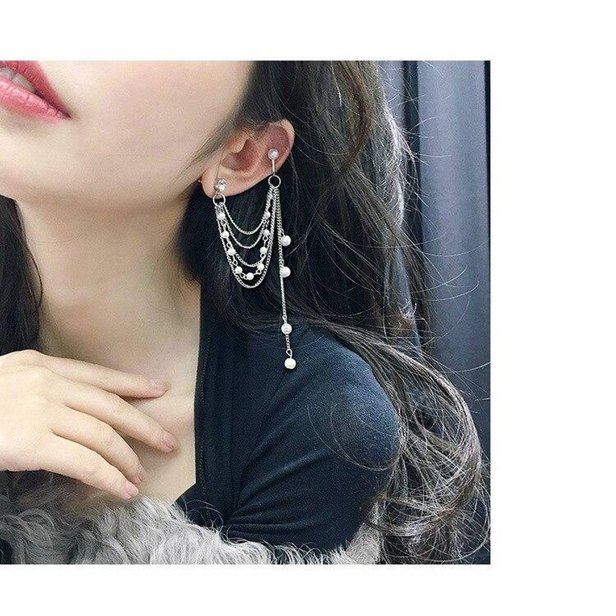 Imitation Pearl Style Pair Right & Left Piece Ear Chain Tassel Long Temperament Earrings – Earrings Online in Pakistan | H...