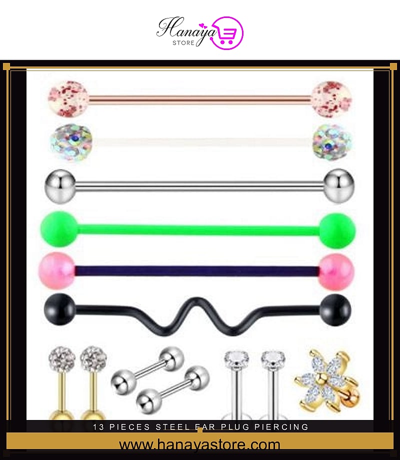 13 Pieces - Steel Ear Plug Piercing Industrial Cartilage Ear Jewelry – Accessories Online in Pakistan | Hanaya