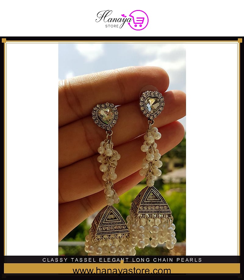 Classy Tassel Elegant Long Chain Pearls Fashion Earring – Earrings Online in Pakistan | Hanaya