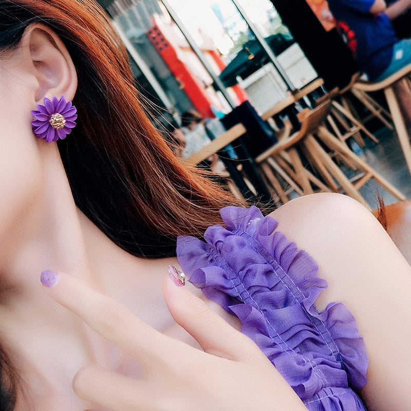 Trendy Cloth Sunflower Flower Stud Earrings Female Statement Earrings – Image 2 of 2