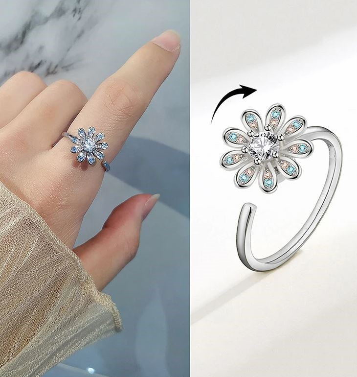 ROTATABLE Adjustable Silver Zircon Flower Ring for Women Anti Anxiety Rings– One Size Fashion Jewelry for Party, Wedding, Gift & Daily Wear – Image 2 of 2